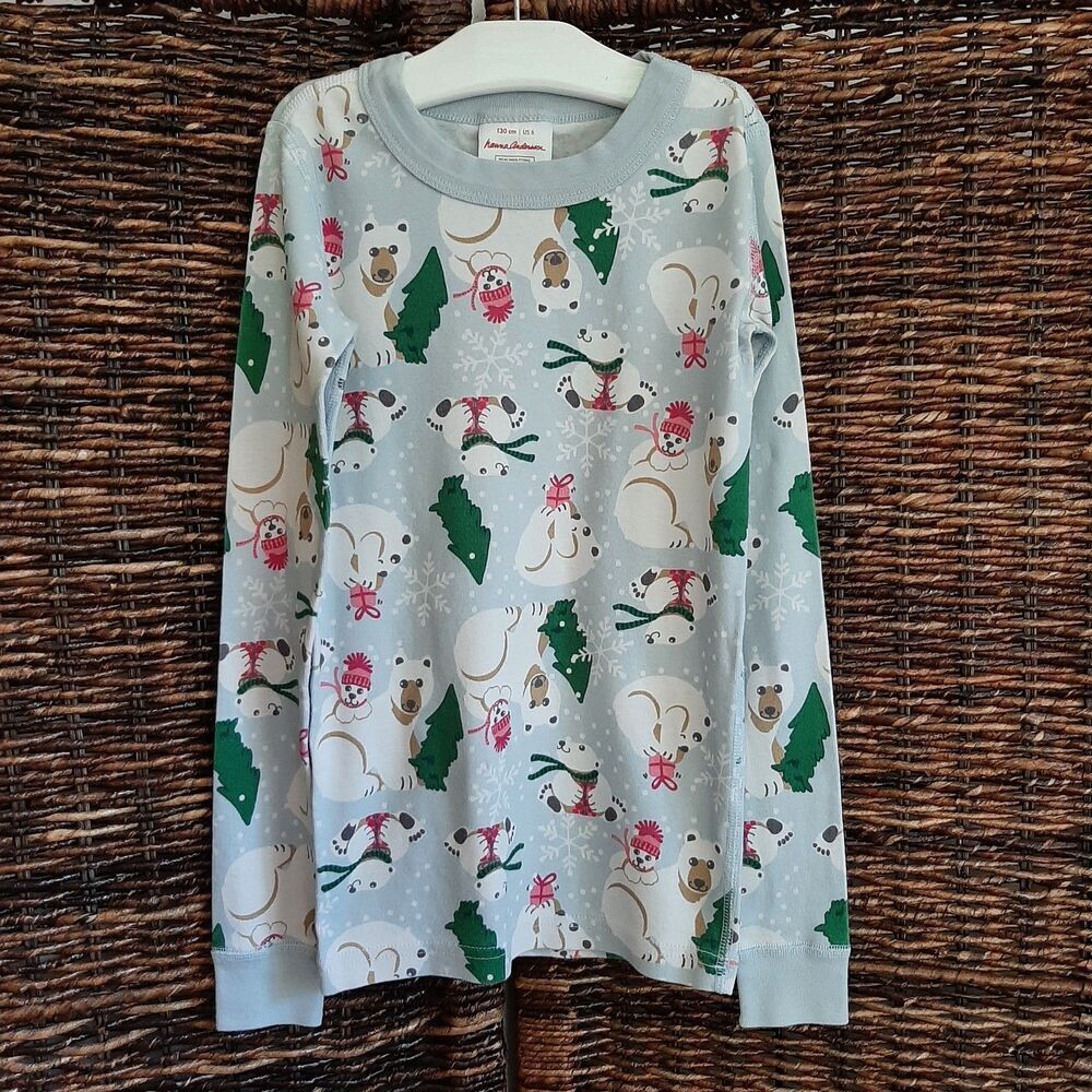 Hanna Andersson 100% Organic Cotton Pajama Shirt Girls 8 130 Blue Holiday Bears